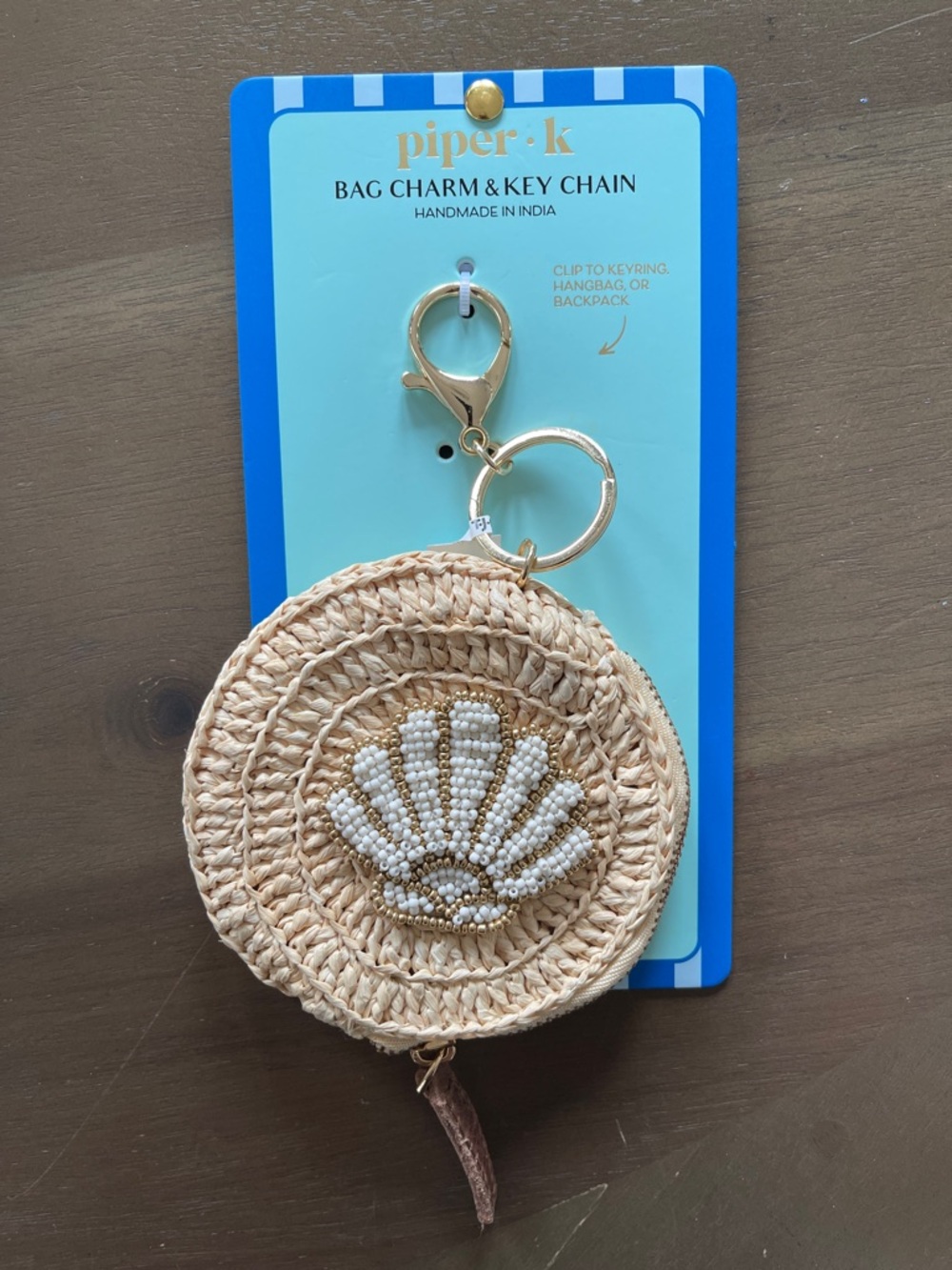 NEW Piper Natural Woven beaded Shell Bag Charm coin purse Key Chain